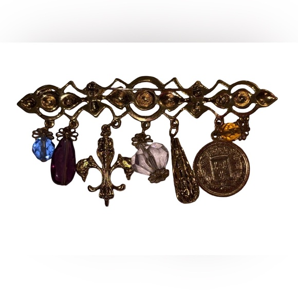 Gold Tone Ornate Brooch Hanging Charms - Picture 2 of 2